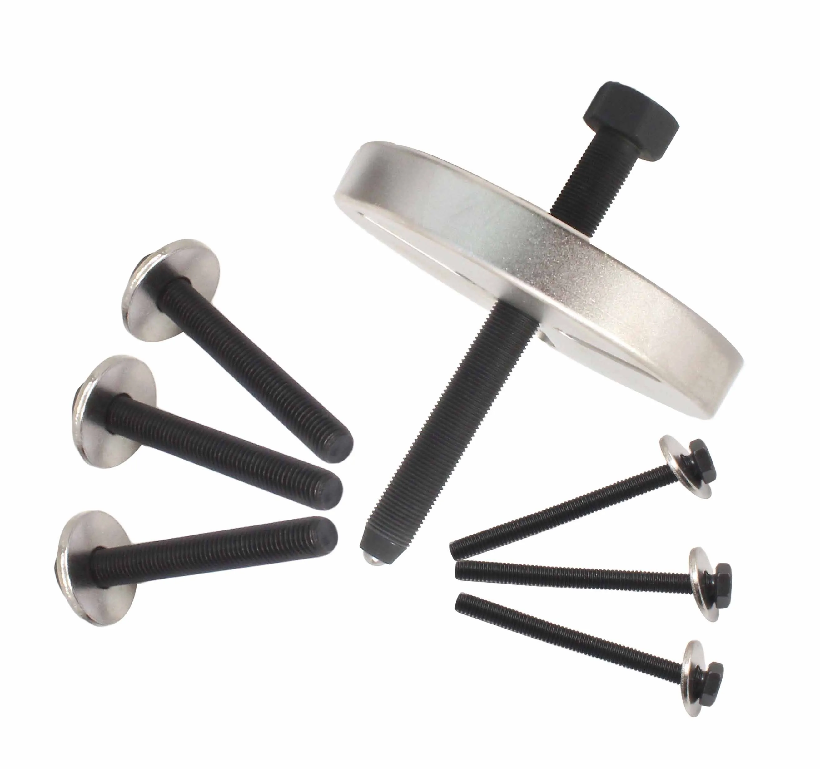 Tilted circular puller plate with central hex-headed screw and six black flanged bolts arranged around it, branding visible