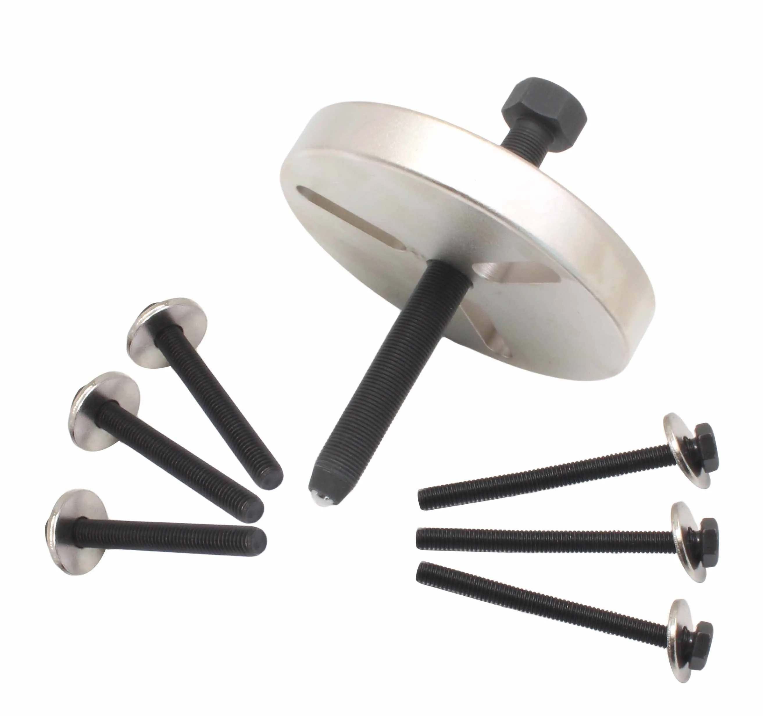 Angled view of puller plate showing central long threaded rod with hex head and groups of flanged threaded bolts alongside