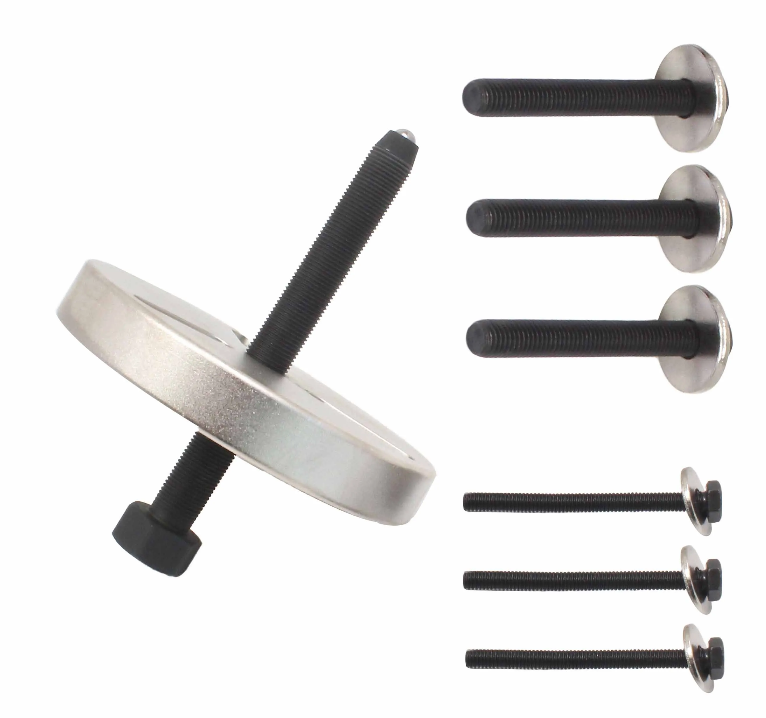 Tilted puller plate with central threaded rod and two groups of three black threaded bolts displayed to the right and left