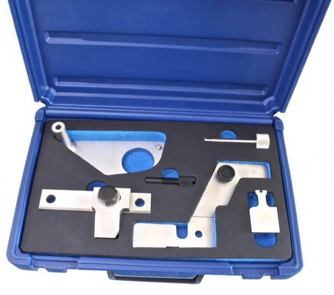 Overhead view of timing tool kit in blue case showing machined brackets, pins, and foam cutouts