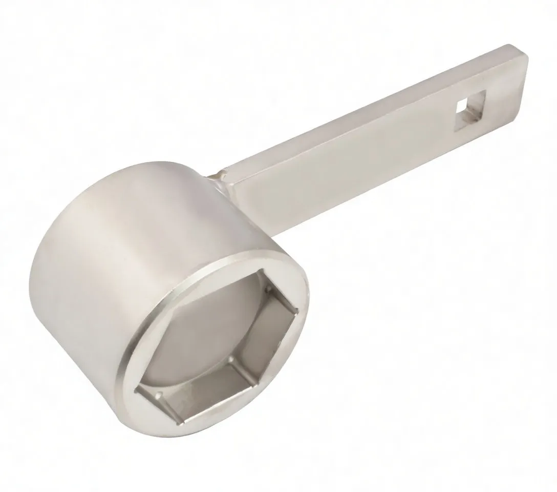 Perspective of crankshaft holding socket showing hexagonal recess with alignment ridges, handle stamped ASTA A-T169 and square drive hole