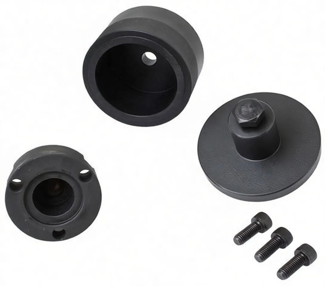 Close-up of hollow driver cup, perforated adapter plate with central boss, mating housing and three short bolts from a crankshaft oil seal removal/installation kit.