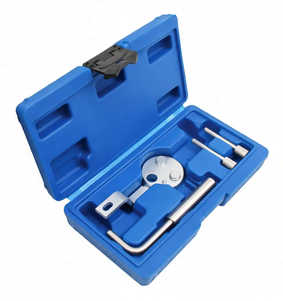 Angled view of open blue tool case showing crankshaft locking plate, L-shaped bracket, tubular pin and two knurled pins, with a yellow instruction label inside the lid.