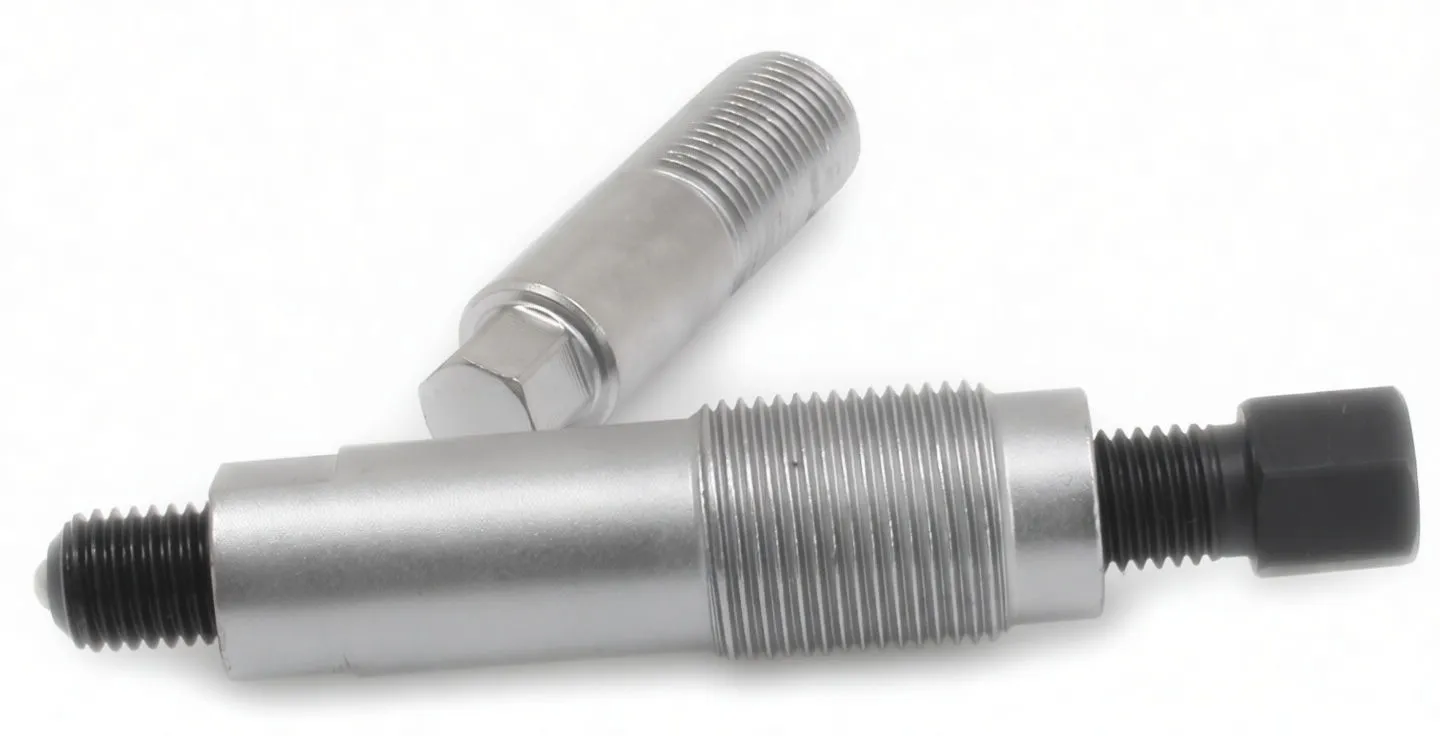 Top-down view of two silver threaded puller parts with black forcing bolt and ASTA marking