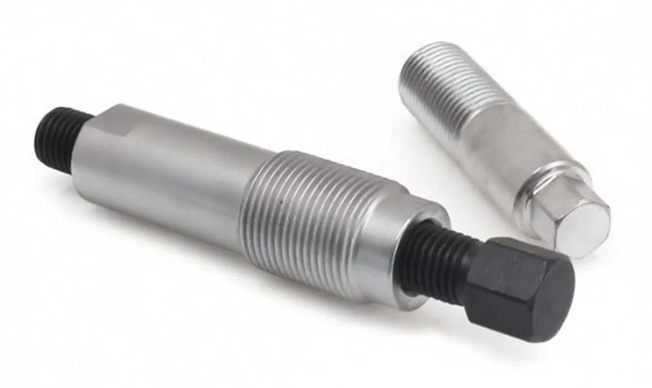 Angled view of silver puller body with black forcing bolt and separate hex adapter, ASTA logo visible