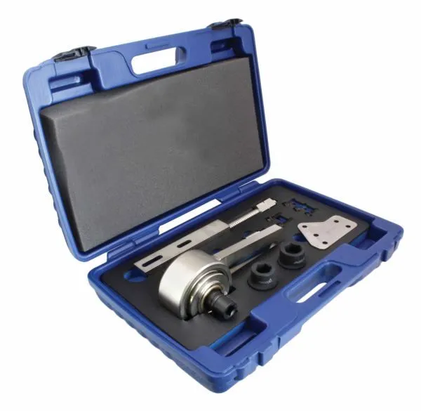 Angled view of blue case open with gear belt tool parts laid out in foam