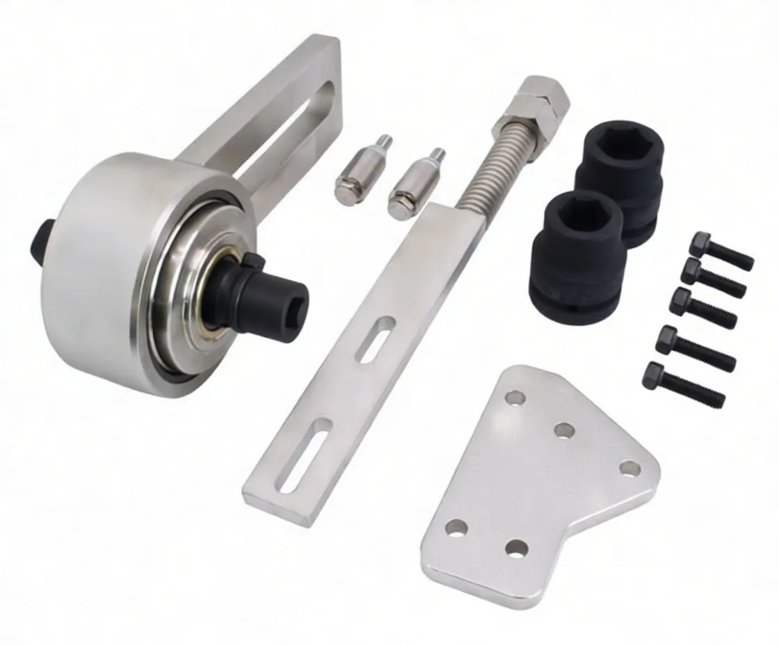 Disassembled gear belt install/remove tool parts shown on white background