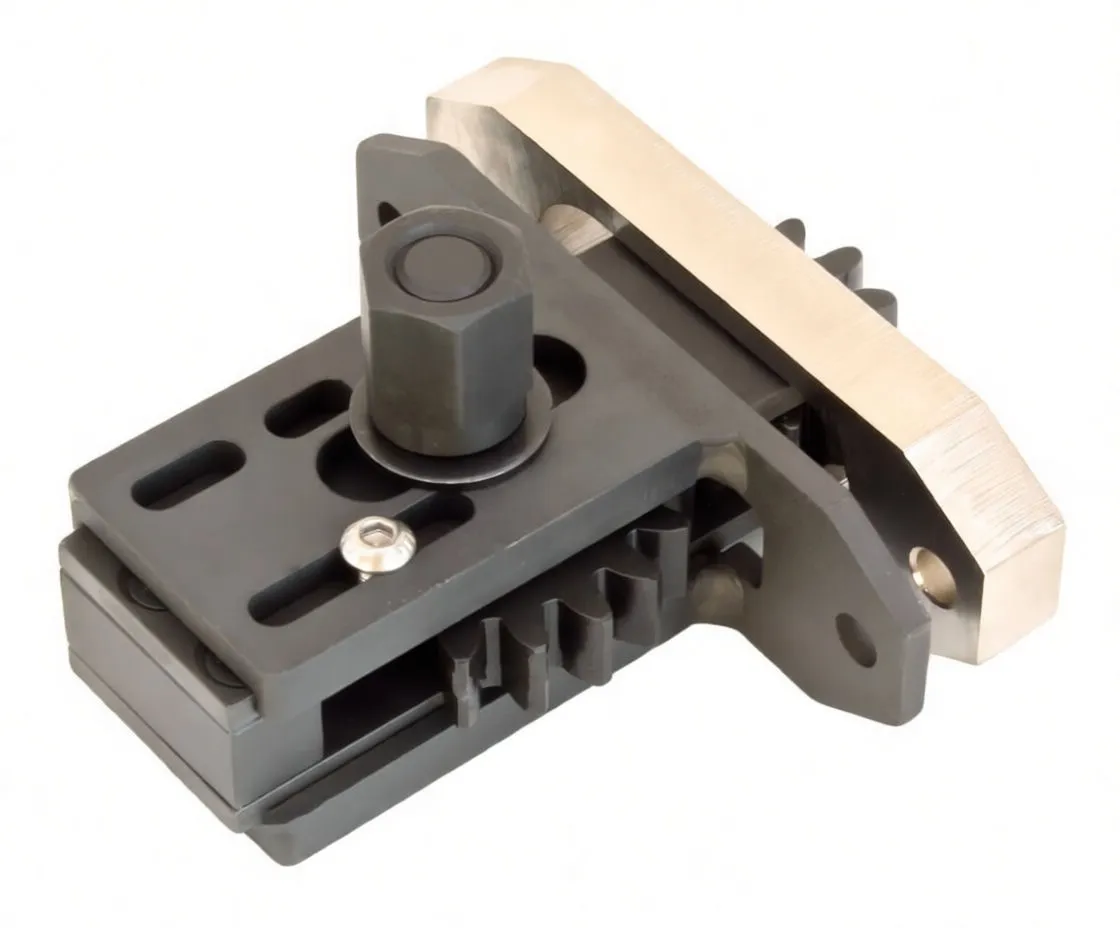 Top-side view of crankshaft rotator with square drive, slotted adjustment tracks, black gear segments and silver spacer plate with mounting holes