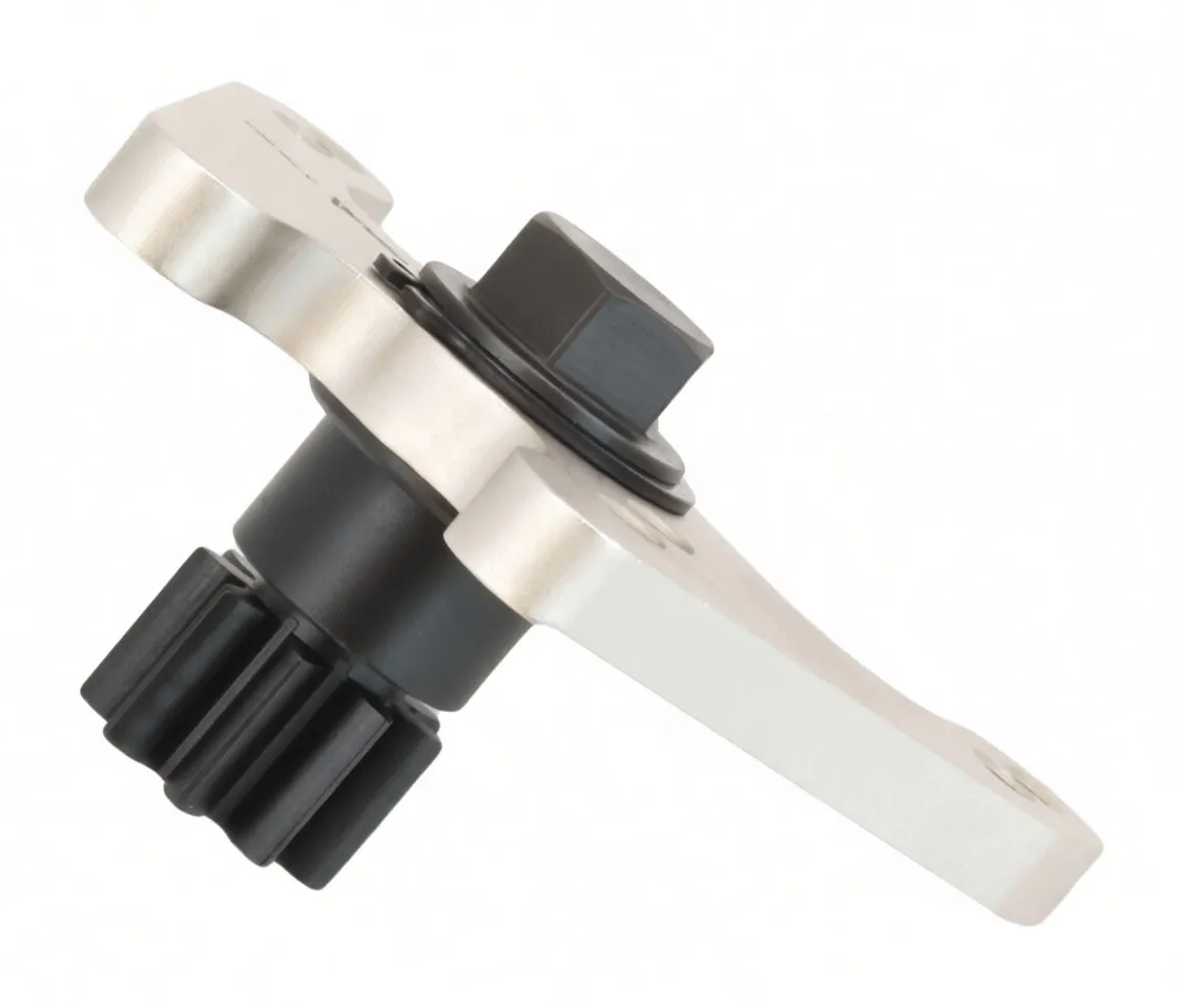 Side angle of silver machined crankshaft rotator showing black splined gear, central hex bolt with washer, and aluminum mounting arm with holes.