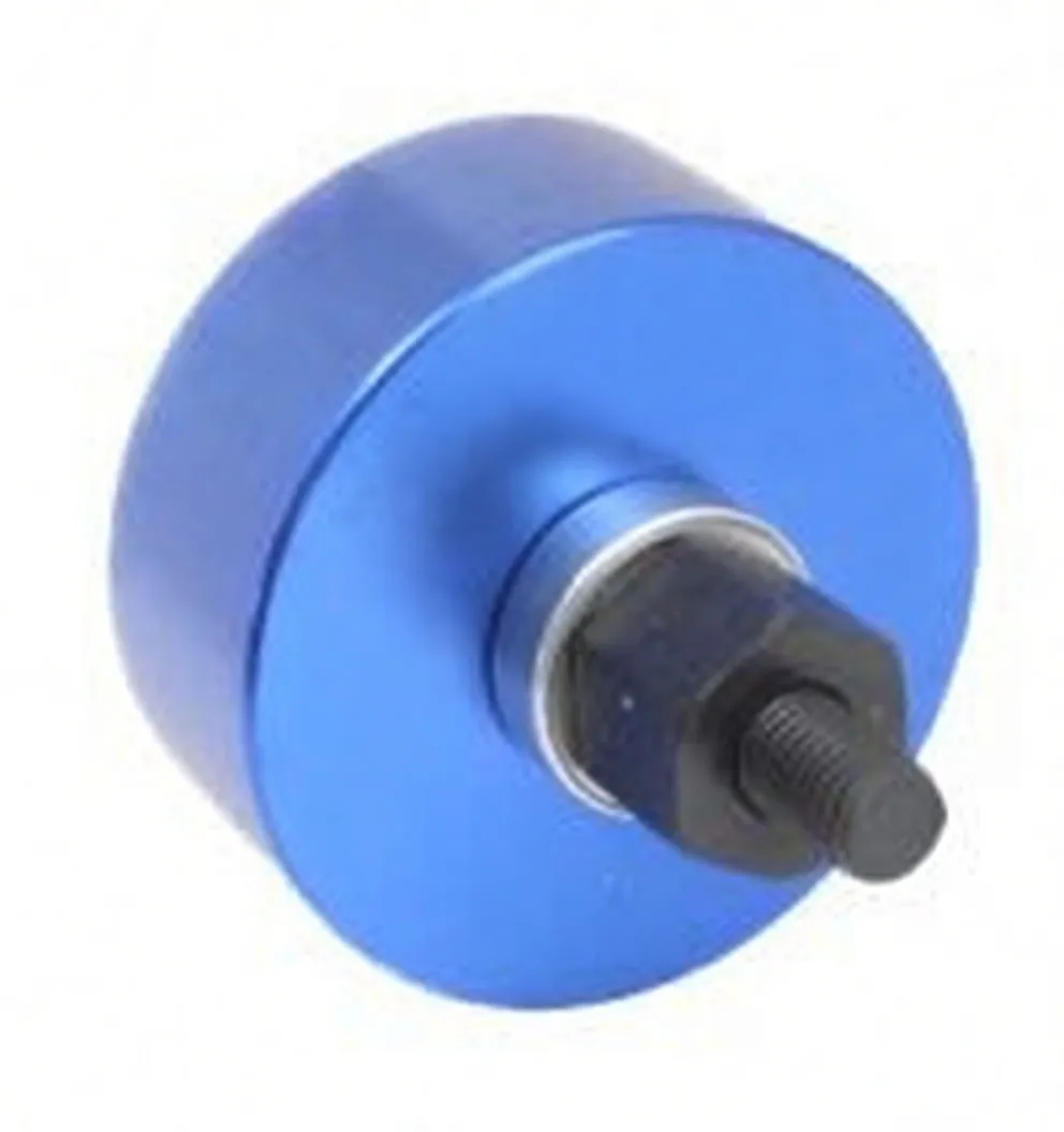 Side view of blue installation tool with central bolt and white text 'satra S-30TCS' on the housing