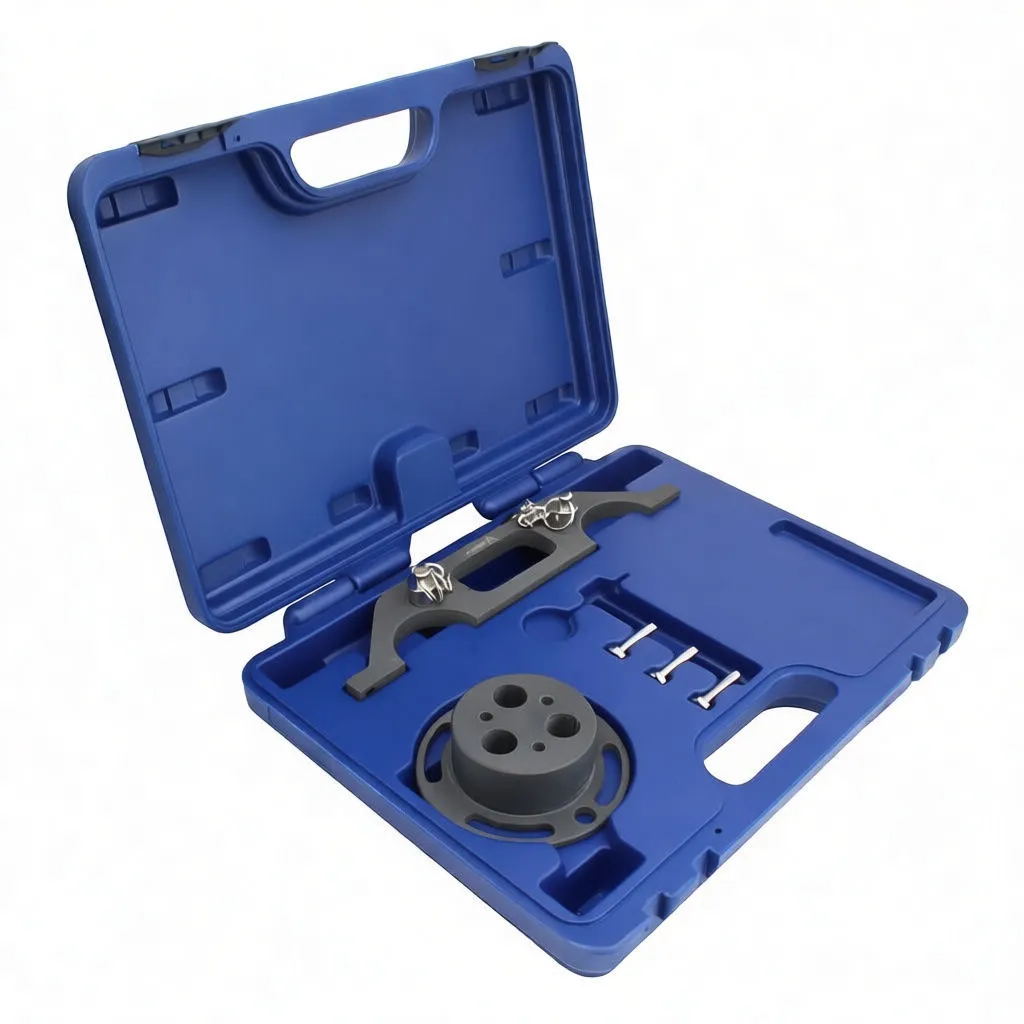 Angled shot of blue case with locking tool set: bridge bar, round adapter, silver ring and bolts visible