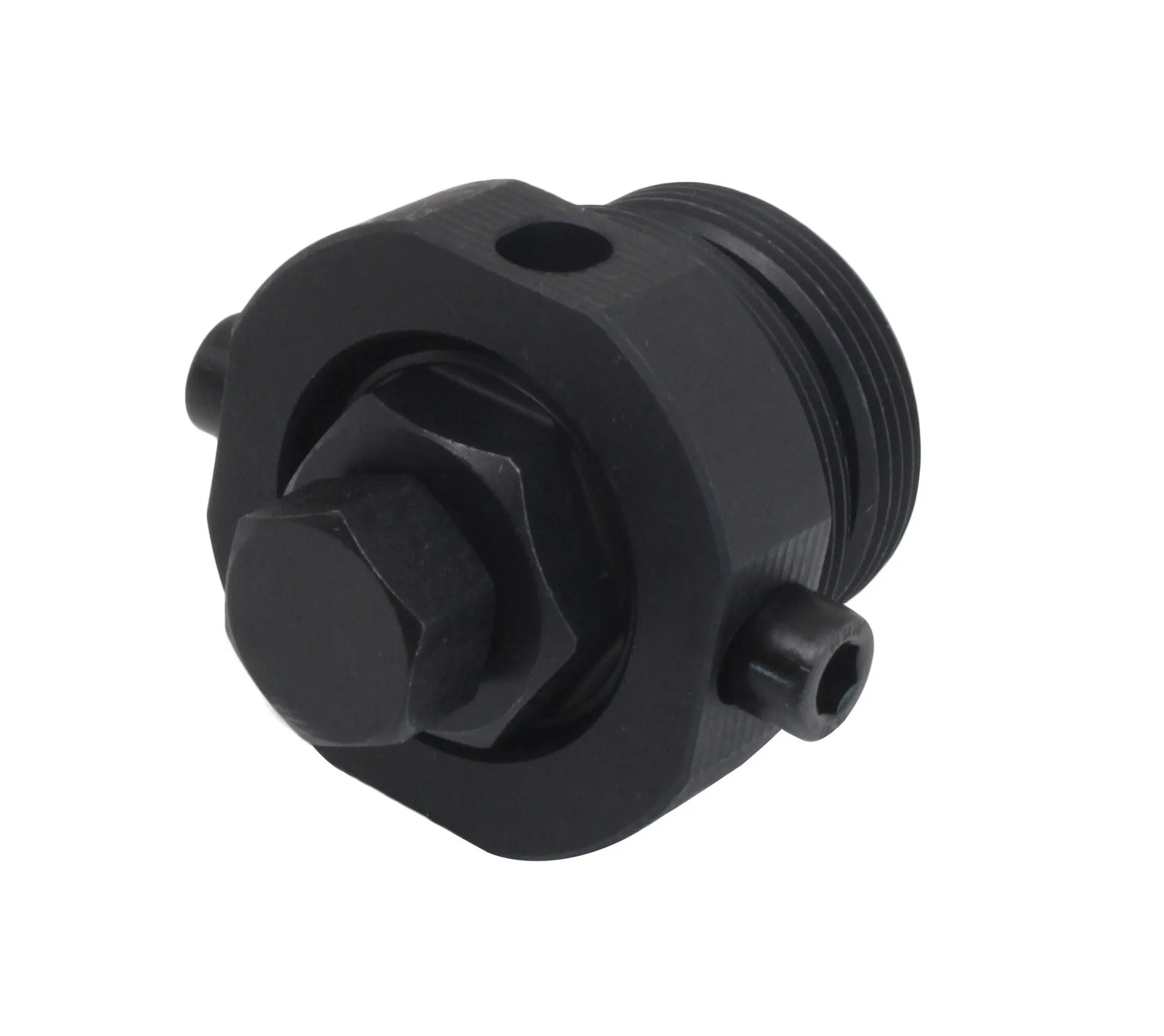 Perspective view of sprocket puller showing hex bolt head, surrounding nut, flange with alignment hole and side pins on threaded body.