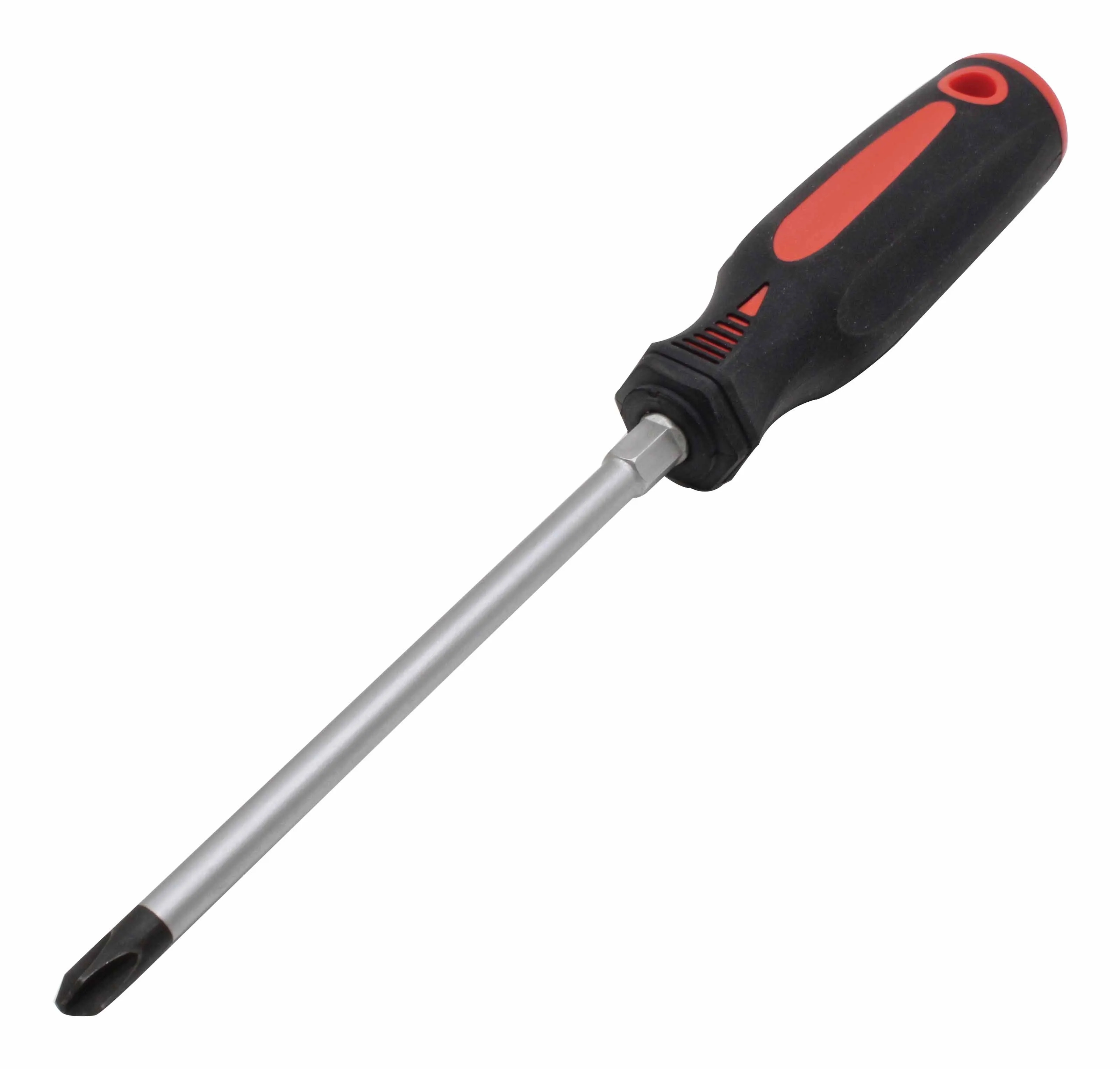 Oblique view of screwdriver showing long silver shaft, black-coated Phillips tip, hex ferrule, and black/red ergonomic handle with hanging hole.