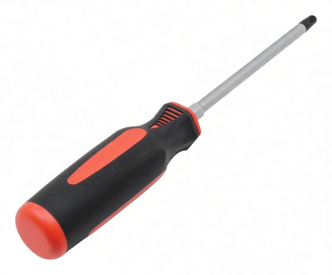 Screwdriver laid out showing handle end with hole and printed size marking, black and red grip, and long metal shaft