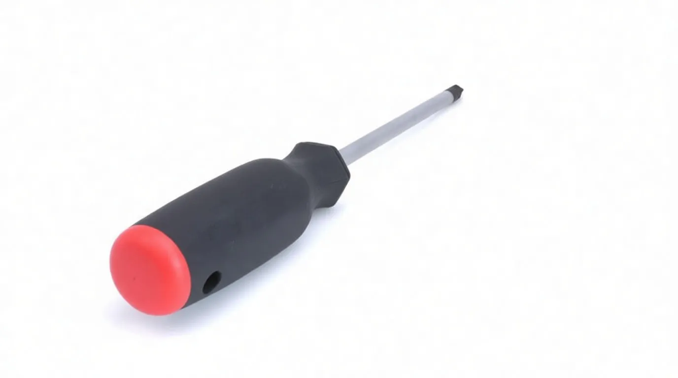 Butt-end view of black and red screwdriver showing red end cap with cross symbol and long metal shaft