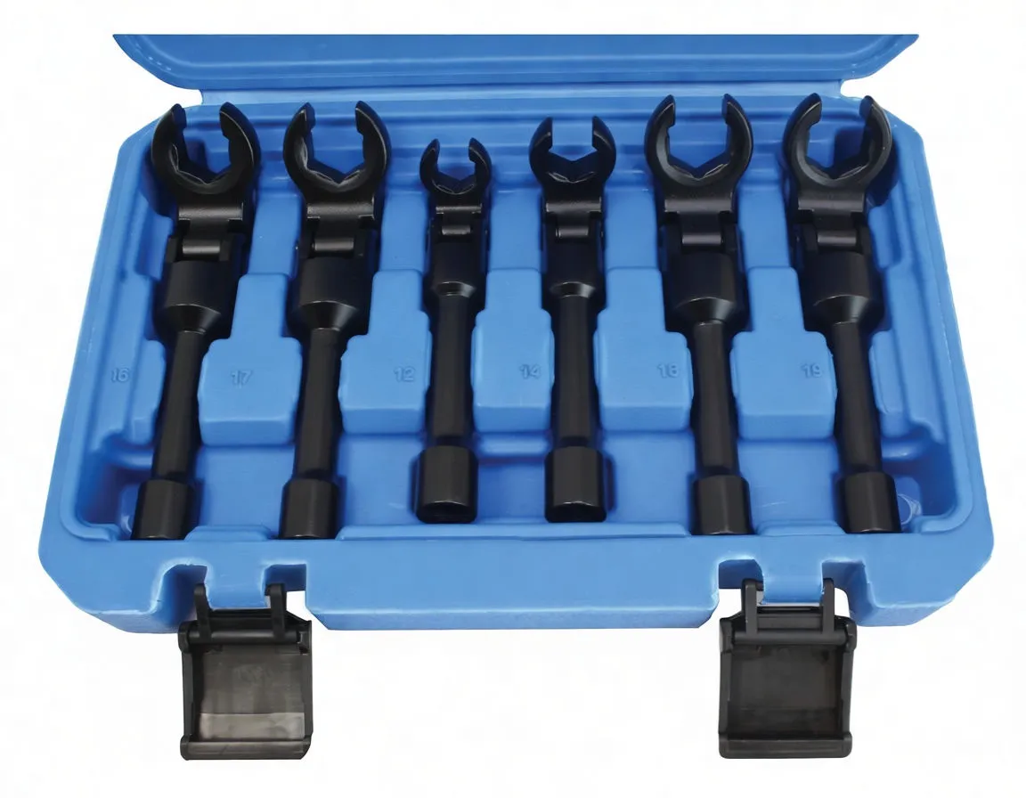 Top view of six crowfoot wrenches in blue case showing printed metric sizes and swivel collars