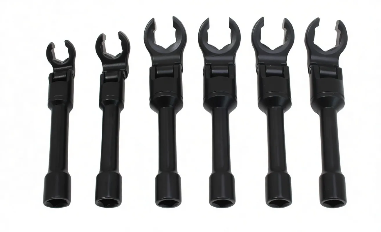 Six black crowfoot wrenches laid out on white background showing pivot heads and socket ends