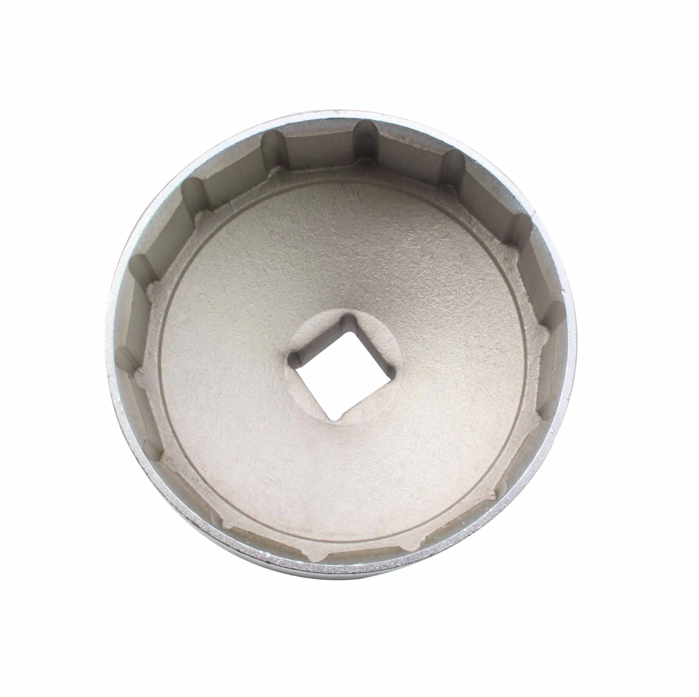 Direct overhead of cup interior showing internal teeth and central square drive hole