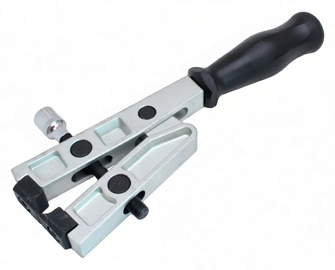 Top-front angle of silver jaw clamp pliers with black rubber tips, central threaded rod and black handle, 'saTra' visible.