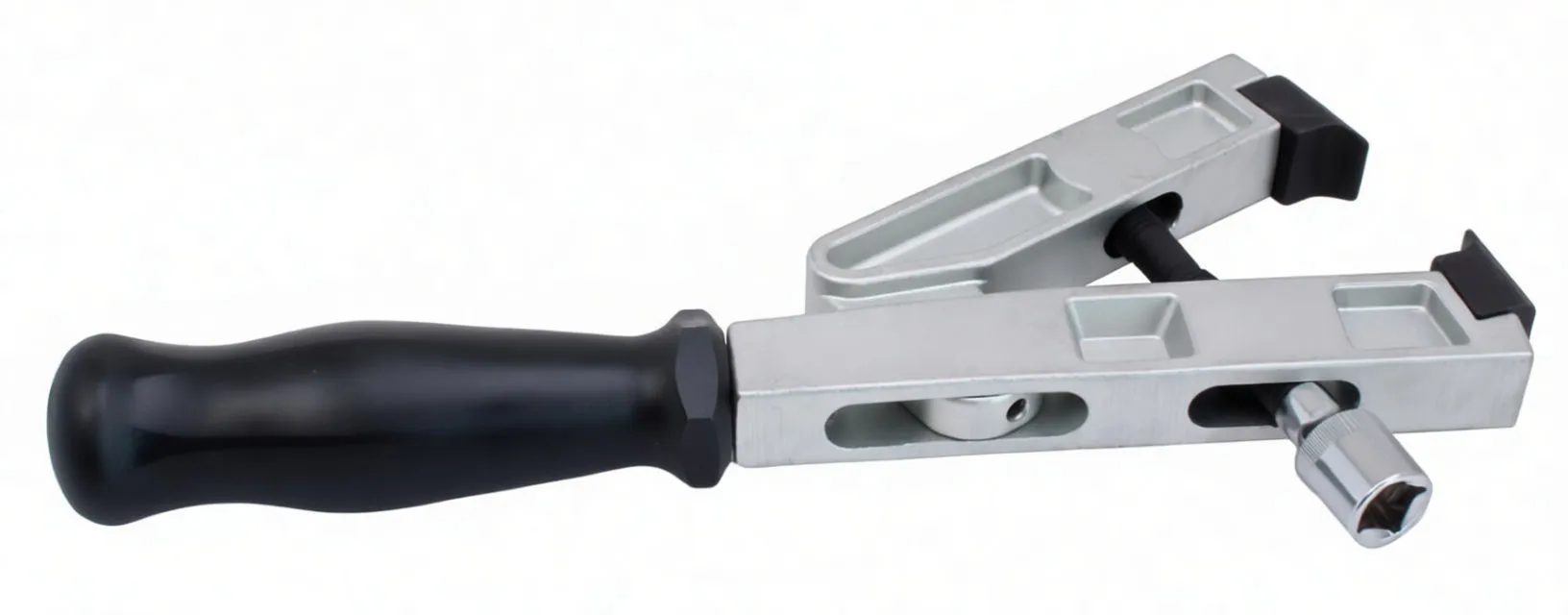 Side profile of CV boot clamp pliers showing black handle, 'saTra' on metal arm and chrome hex-socket adapter on front.