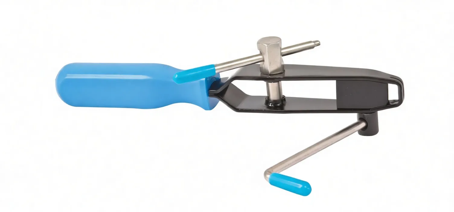 Top view of CV boot pliers showing handle, hex clamp and folded rod with blue tip
