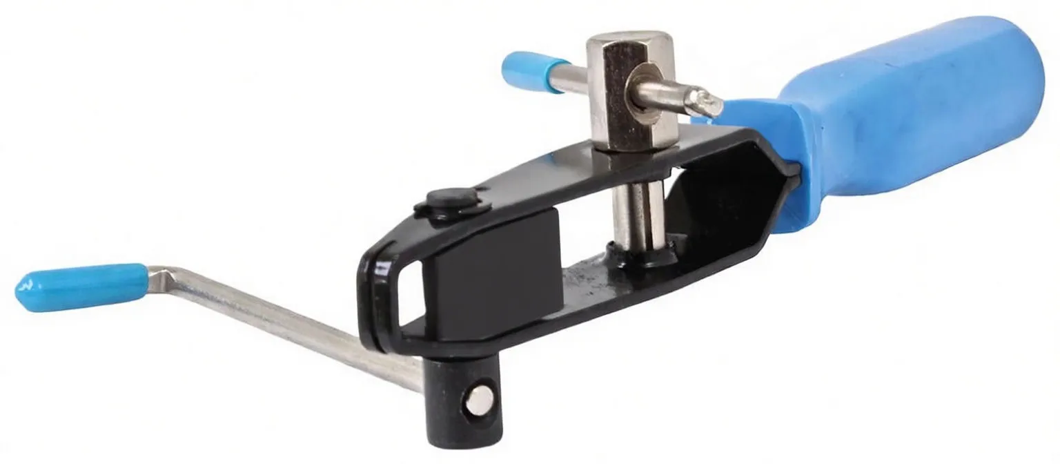 Angled underside view of CV boot pliers showing central post, sliding clamp and pivot