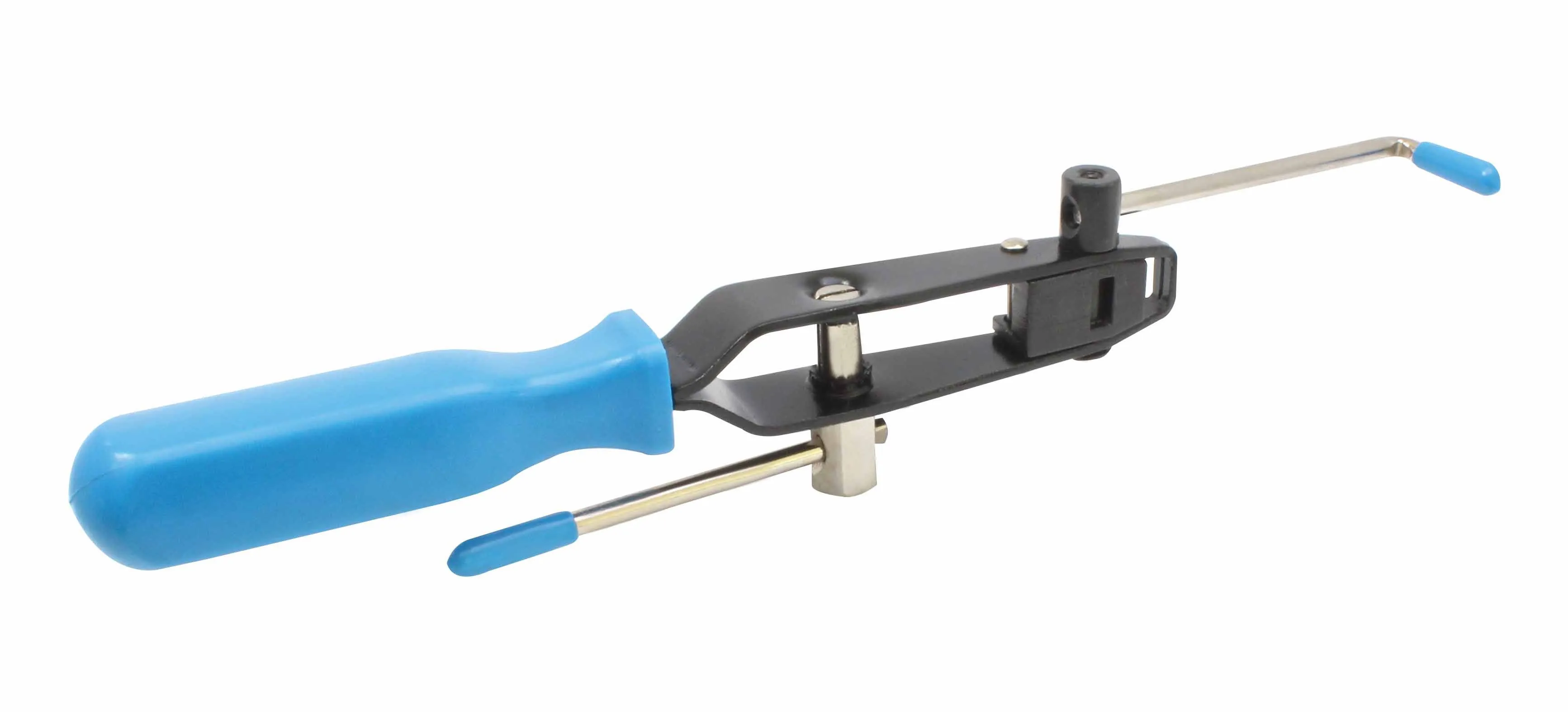 Angled view of entire CV boot pliers with blue handle, black frame and two metal rods