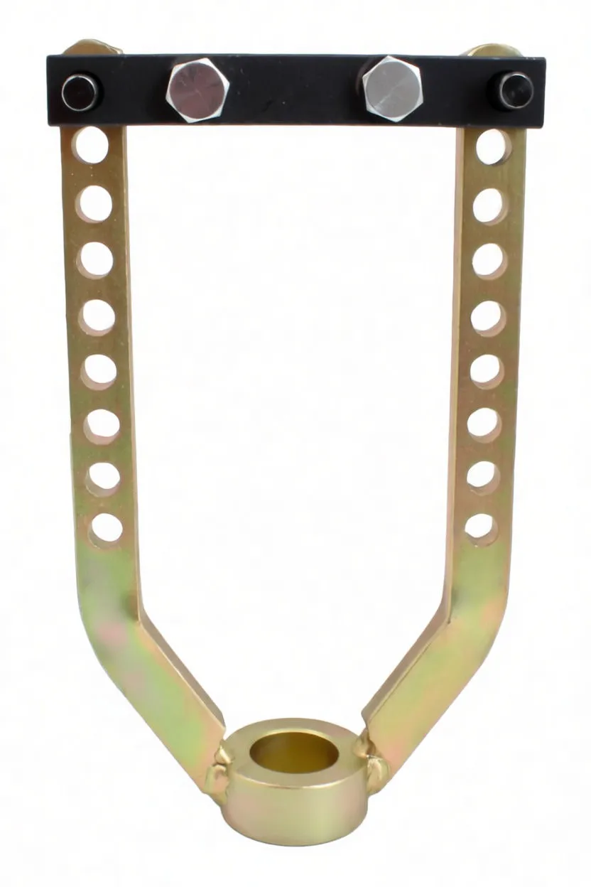Front view of CVJ removal tool showing perforated parallel arms, welded circular collar at base and black top crossbar with two hex bolts and pins.
