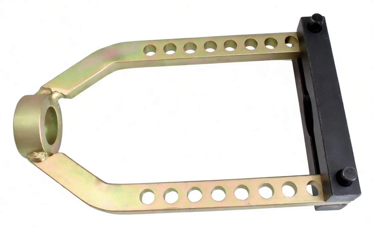 Side view of a U-shaped CVJ removal tool showing perforated gold arms, a welded collar and a black crossbar fastened by two hex bolts and pins.