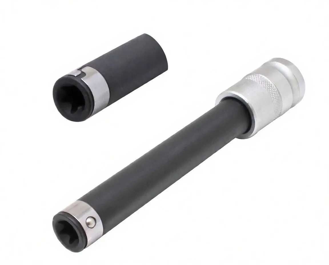 Long socket with inset close-up of E12 Torx tip and retention notch on chrome nose