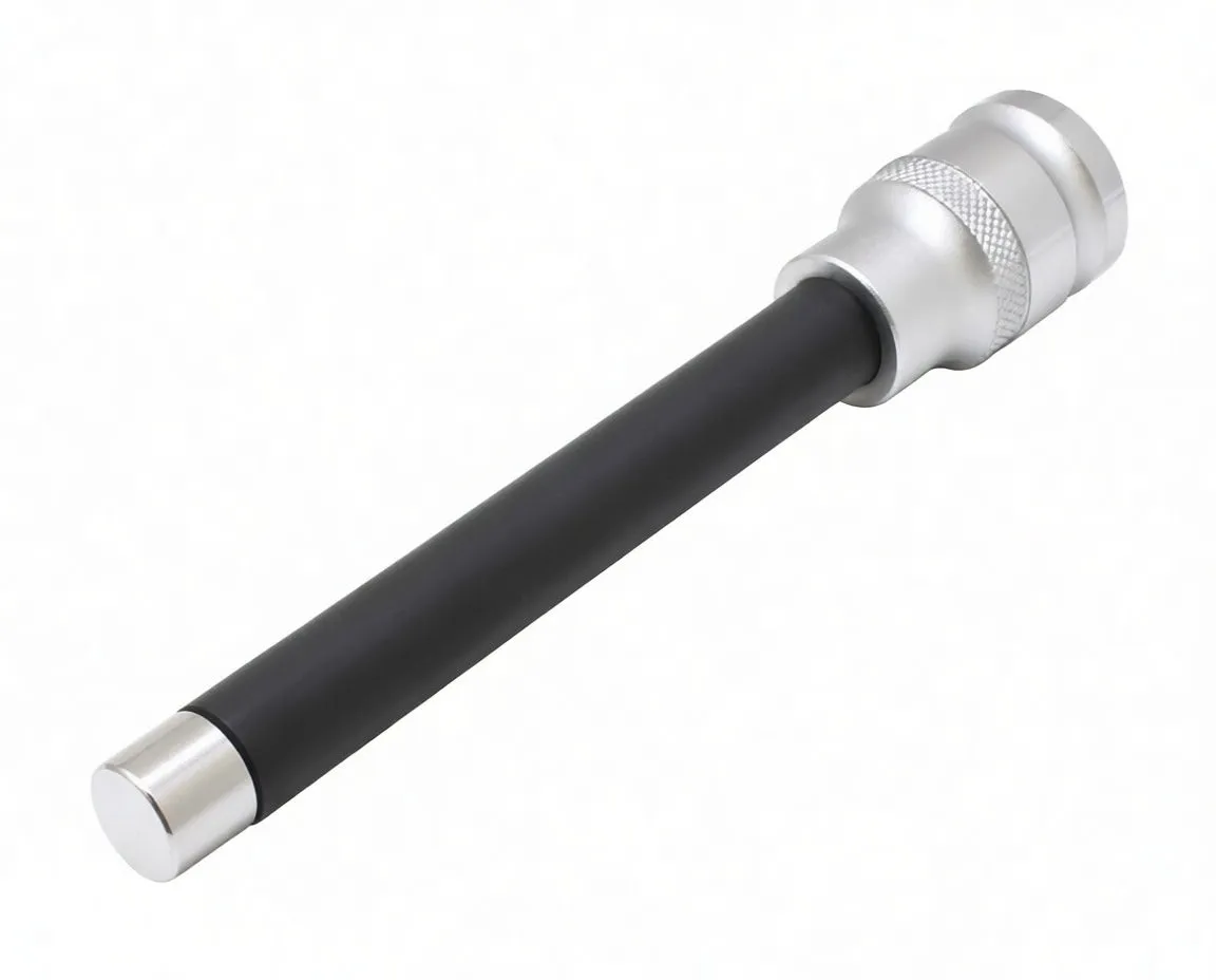 full-length view of black-shaft Torx E10 extension with chrome retention sleeve and 1/2" drive socket