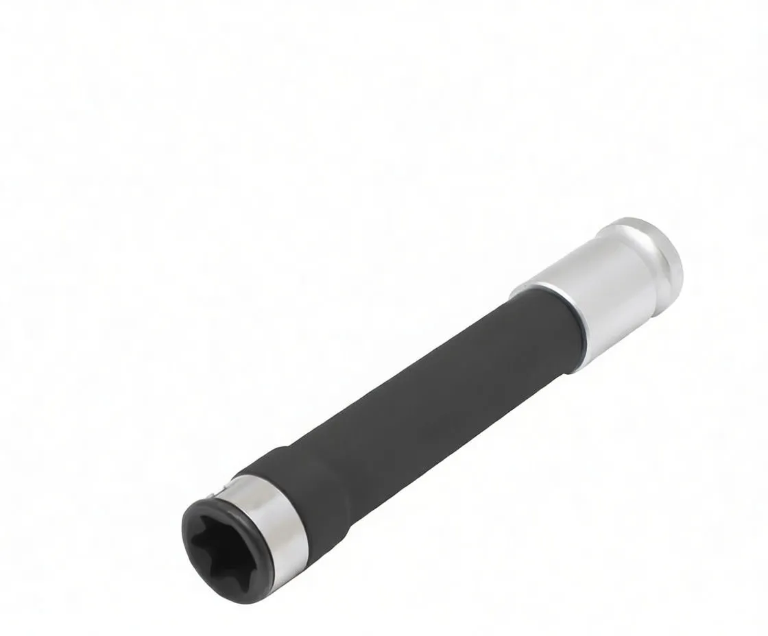 Vertical view of Torx E-star socket extension showing internal star profile, chrome retention ring and black shaft