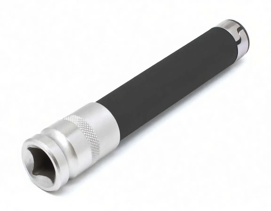 Close view of chrome knurled 1/2" drive end marked 'E-16' and 'A-1516' on a long black coated Torx socket