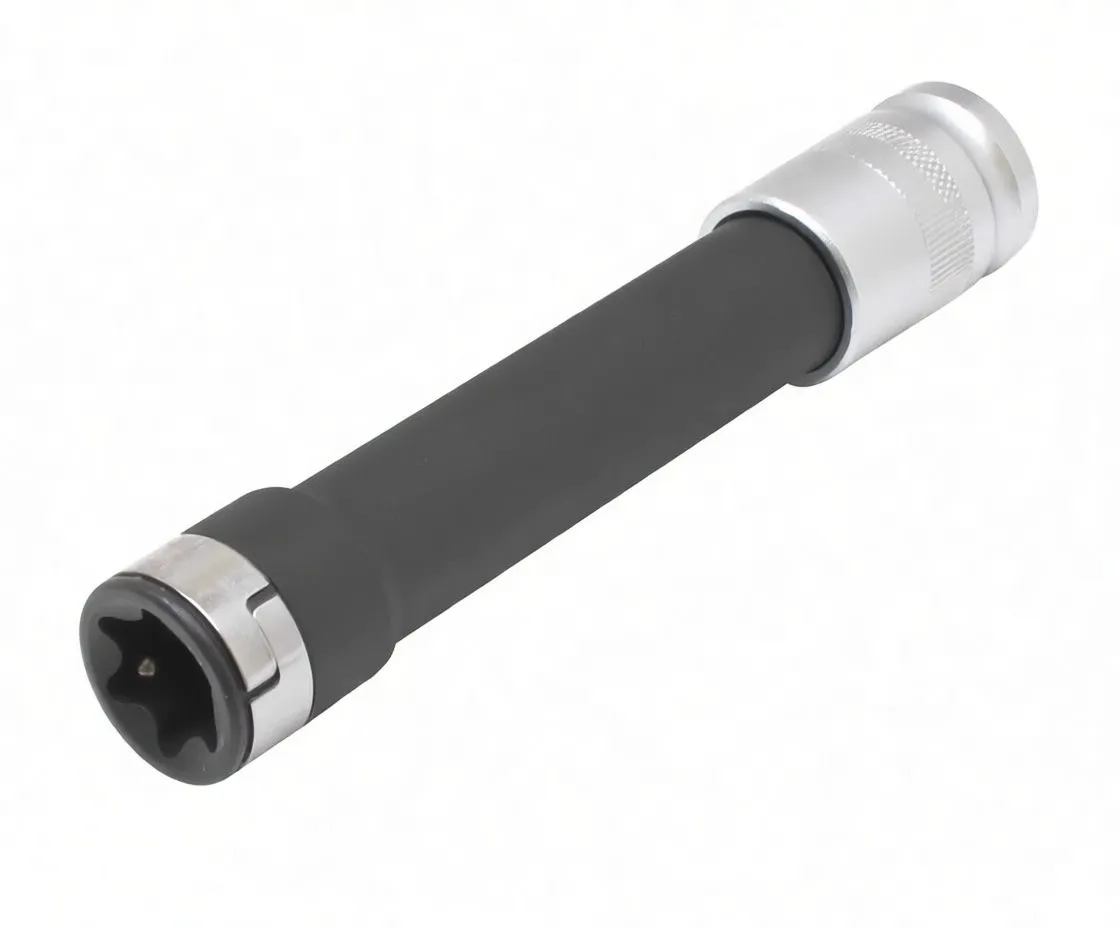 Oblique view of black-coated Torx E20 socket extension with chrome retention ring and Torx recess