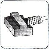 Line drawing of a cylindrical burr performing side/edge machining on a rectangular workpiece