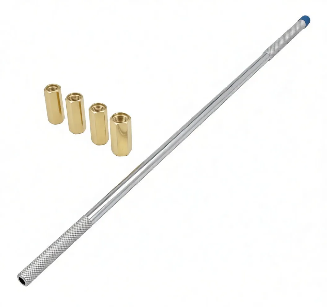 Chrome damping rod with knurled handle in front and blue cap at far end, brass threaded couplers visible