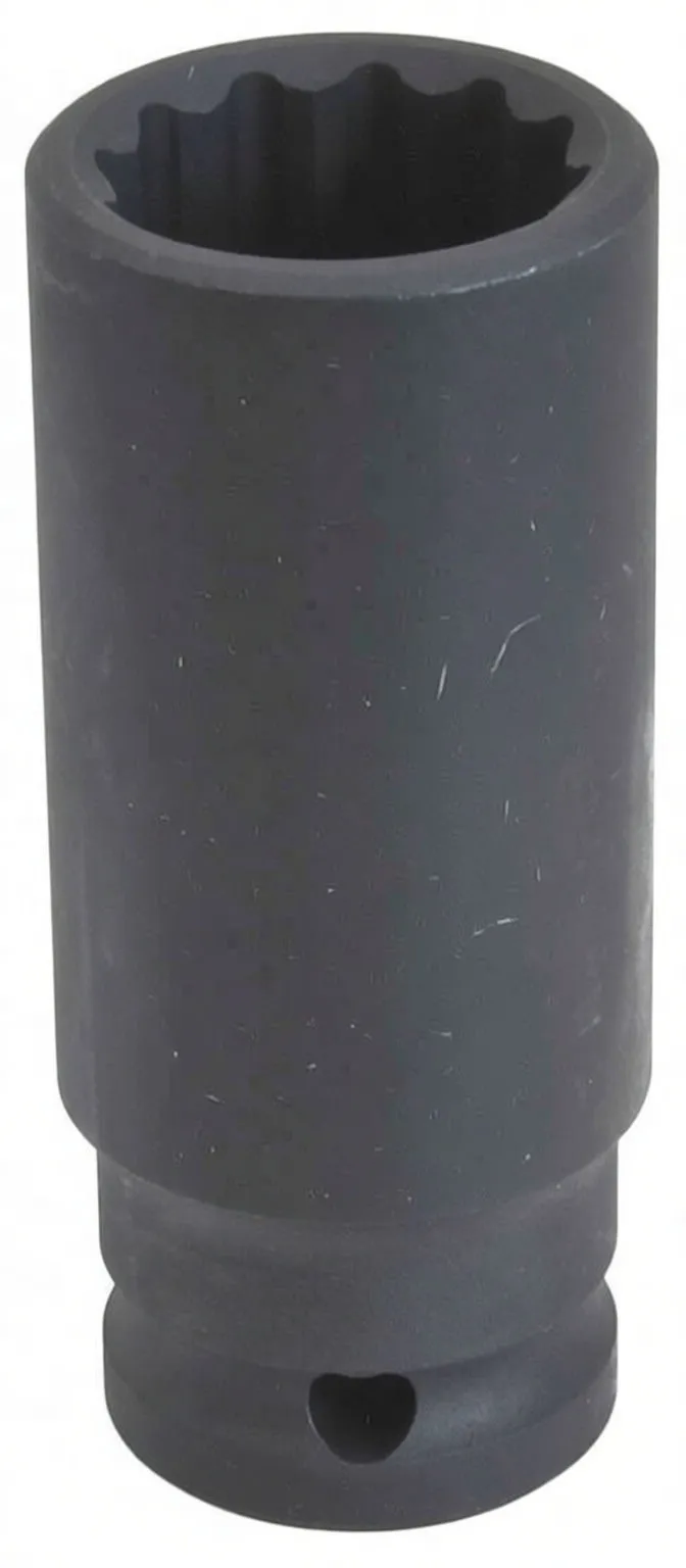 Angled view of a long black impact socket on white background, 12-point opening, ASTA marking and 23mm size visible