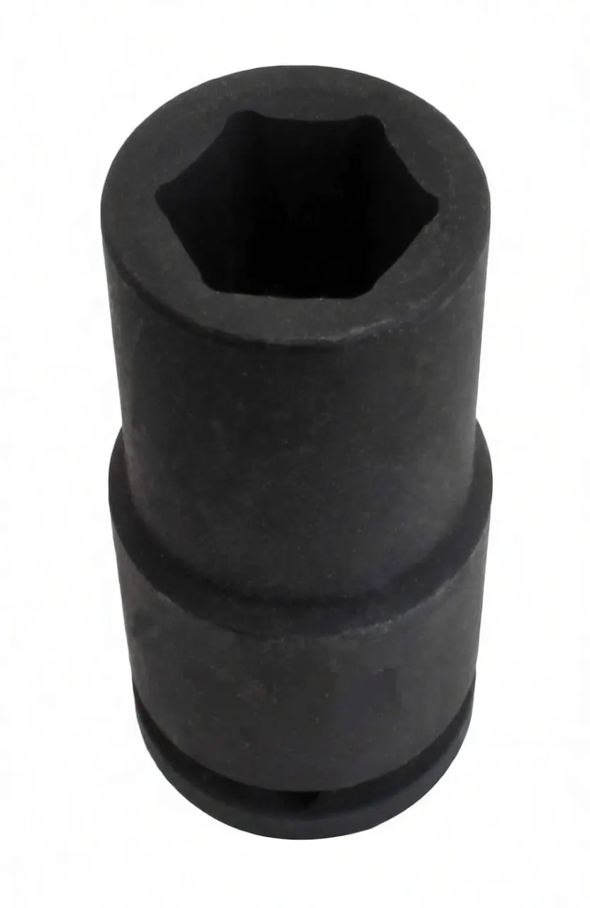 Top-down view into 6-point deep impact socket showing logo and drive groove