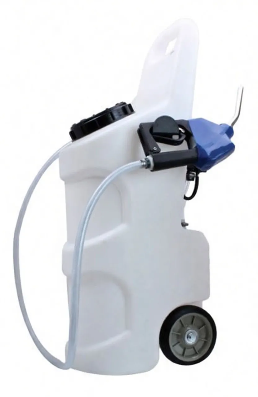 Angled rear-right view of white AdBlue tank with black pump (red strip), clear hose coiled, blue nozzle, molded grips and wheels