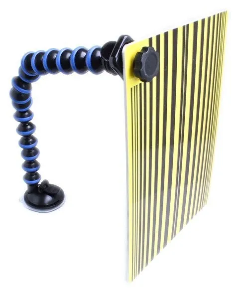 Front-side view of yellow reflective stripe panel mounted by black knob to blue-and-black segmented gooseneck and suction cup base.