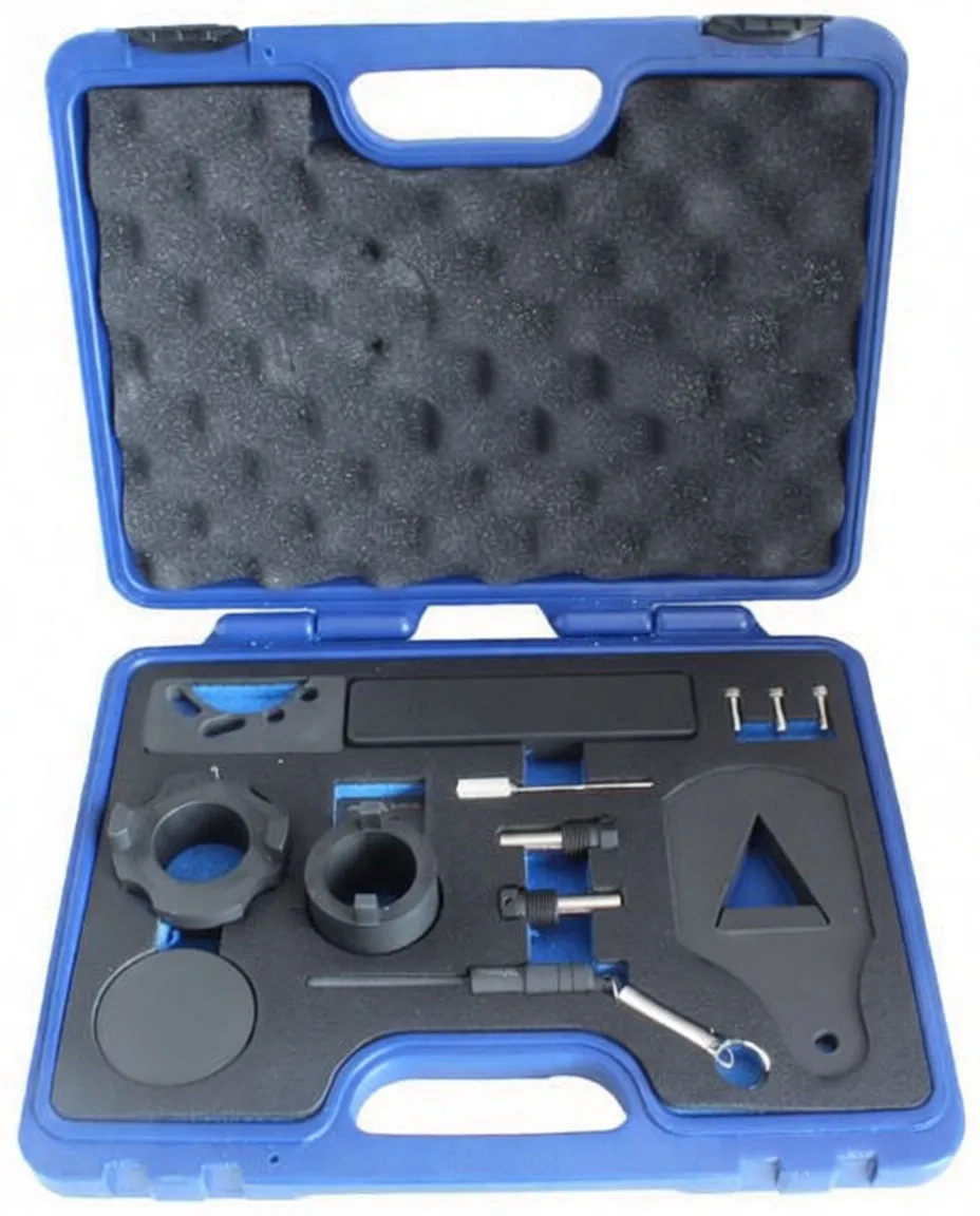 Overhead shot of open blue case showing timing kit: rings, locating plate, bolts, rod and yellow instruction label in lid.