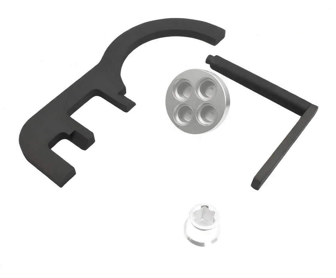 Timing lock tools laid out on white background: C-shaped lock plate, threaded plug, four-hole adapter, chrome socket and L-bar