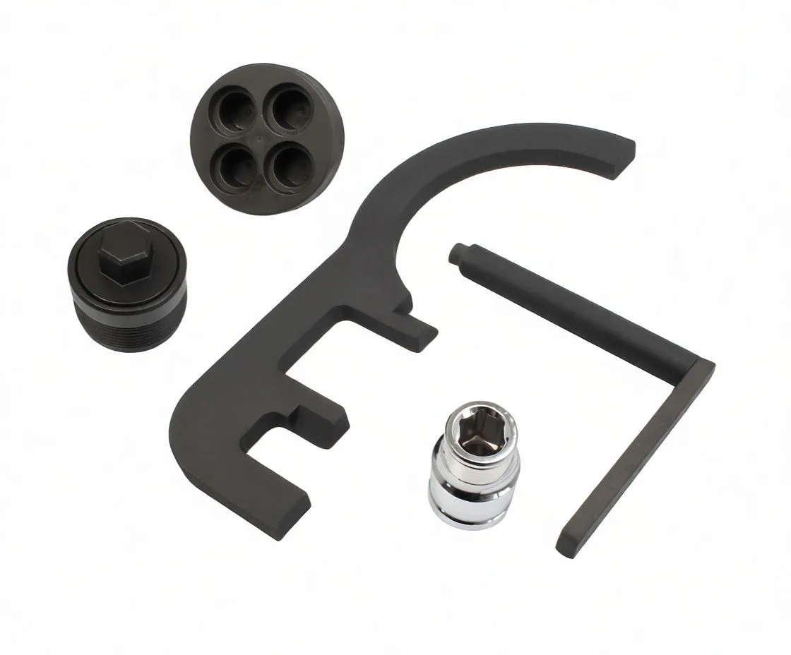 Close view of disassembled BMW engine timing locking tool set showing ASTA A-8153 plate, four-hole locator, threaded plug, chrome socket and L-pin