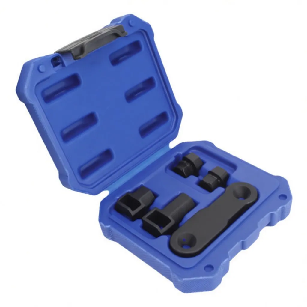 Angled view of open blue case with five black belt tensioner tools in molded recesses, showing brand markings and case texture.