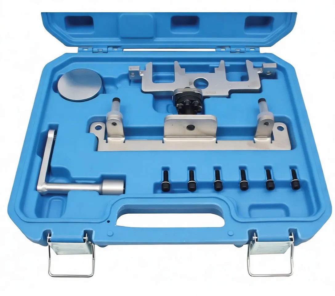 Close top-down image of timing alignment bar, locking plate, L-handle and bolts in blue molded case