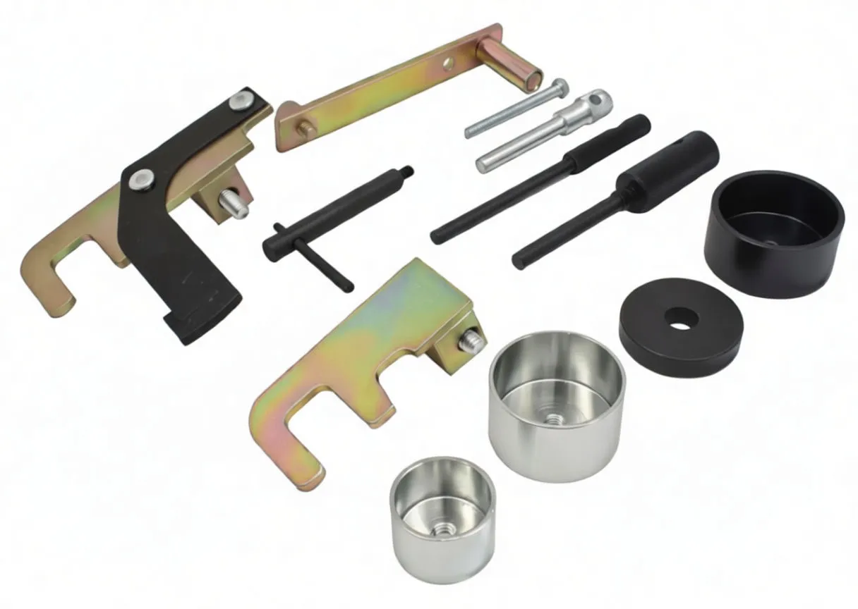 Close-up of metal and plastic locking tools: plated brackets, black locking plate, pins, black cup, round spacer and two stainless cups.