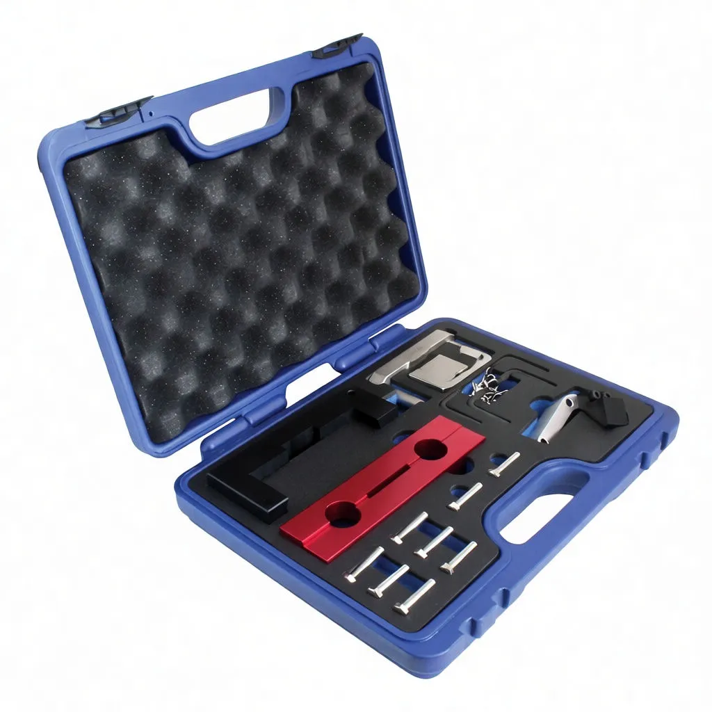 Individual parts of a Mercedes OM642 timing tool kit laid out: red ASTA bars, black locating block, silver alignment plate, two chain hooks, silver lever with black pad and eight bolts on white background.