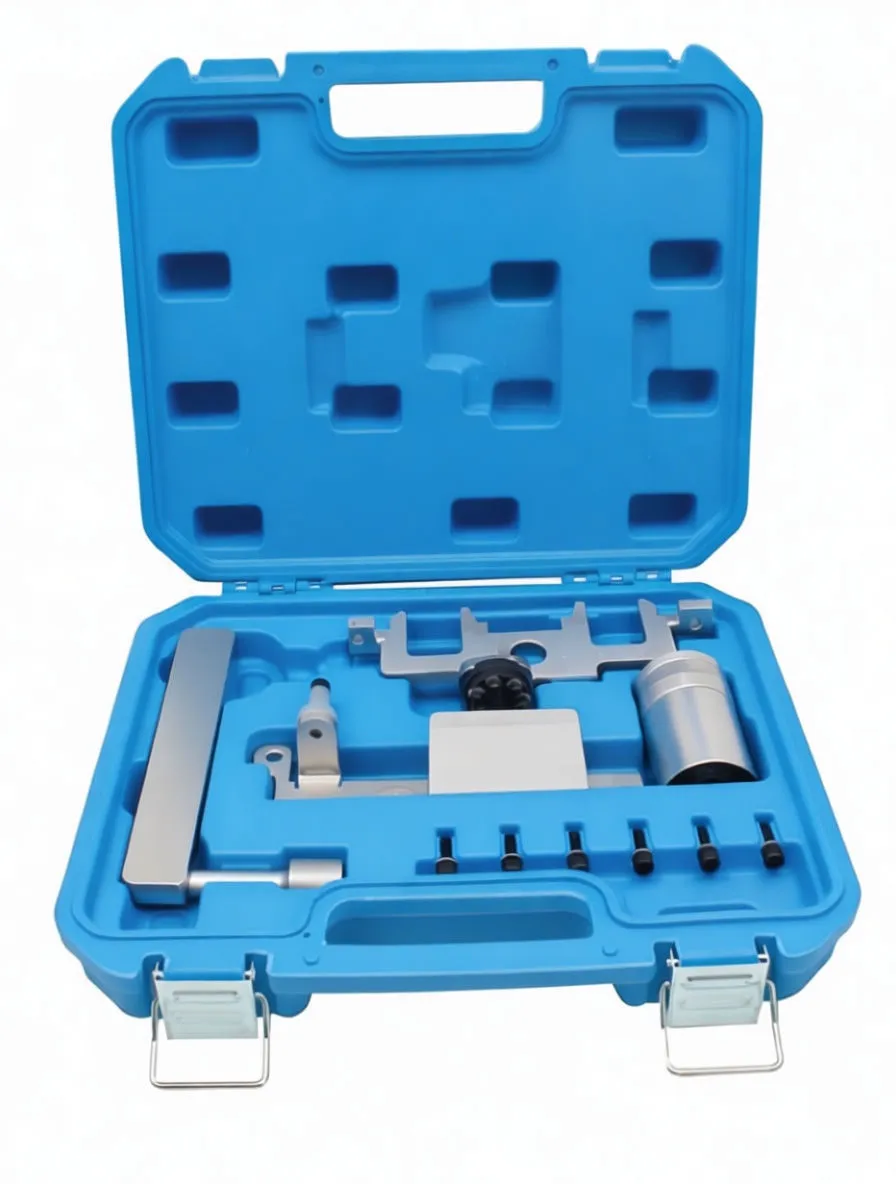Timing tool components laid out: alignment bar, locking bracket, cam adapter, L-handle and six bolts on white background