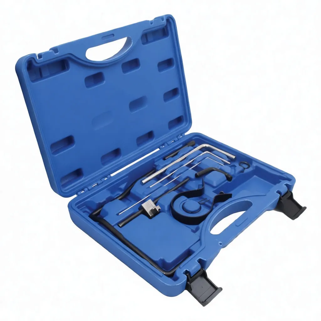 Blue timing tool kit opened flat showing L-shaped rods, cam locking ring, metal block and black U-bar in molded compartments