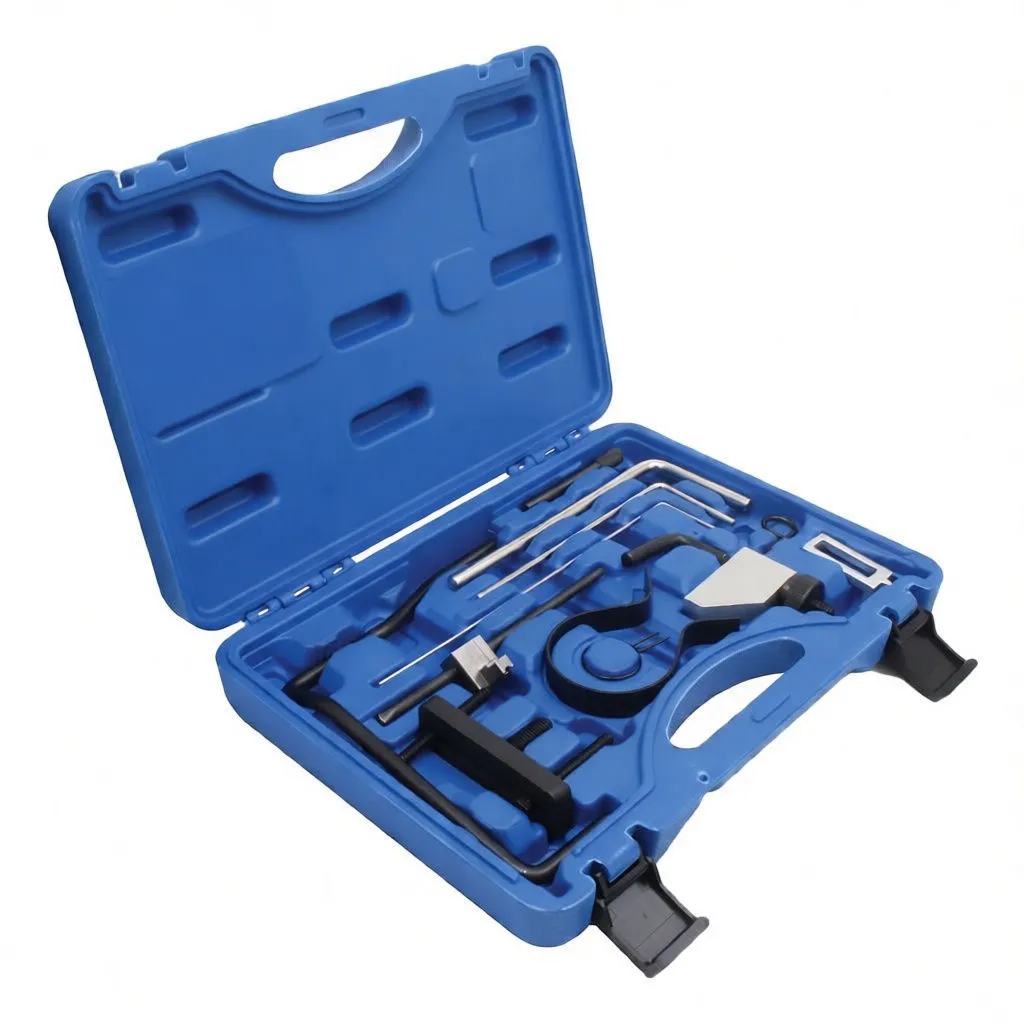 Close-up of timing tool components: L-shaped rods, stamped silver locking bracket, circular cam clamp, black bent bar and T-bar puller in blue case